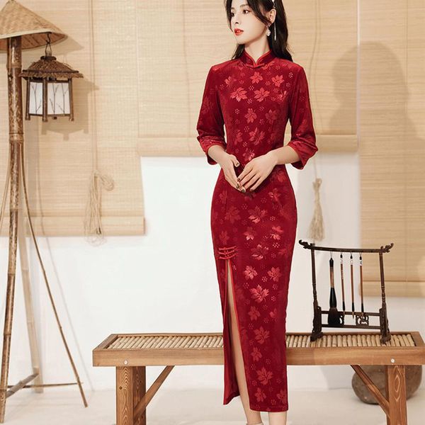 ethnic clothing vintage oriental female mandarin collar cheongsam novelty chinese traditional women velour long qipao, Red
ethnic clothing vintage oriental female mandarin collar cheongsam novelty chinese traditional women velour long qipao, Red