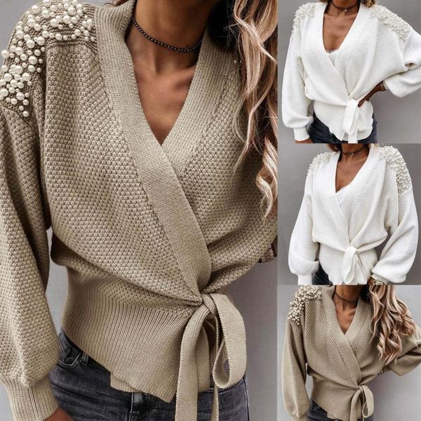 women's knits & tees 2021 ladies long sleeve v-neck bowknot pearl pure color waist knit cardigan fashion sweater pull femme hiver, White
women's knits & tees 2021 ladies long sleeve v-neck bowknot pearl pure color waist knit cardigan fashion sweater pull femme hiver, White