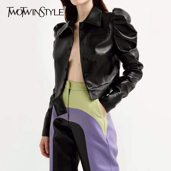 twotwinstyle black pu leather women's jacket lapel collar puff sleeve single breasted jackets female 2020 autumn fashion ol new lj20112
twotwinstyle black pu leather women's jacket lapel collar puff sleeve single breasted jackets female 2020 autumn fashion ol new lj20112