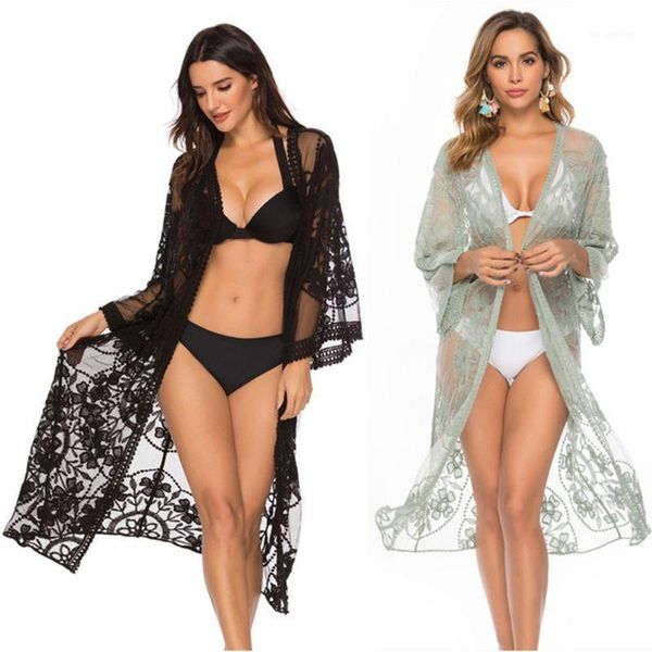 women's swimwear womens floral lace bikini cover ups crochet sheer open front cardigan solid color 3/4 sleeves swimsuit beach midi long, White;black
women's swimwear womens floral lace bikini cover ups crochet sheer open front cardigan solid color 3/4 sleeves swimsuit beach midi long, White;black