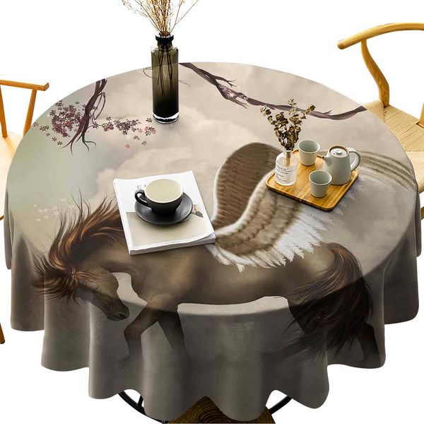 wipeable round table cover huge winged pegasus over clouds in the sky with branches blooms magical scene
wipeable round table cover huge winged pegasus over clouds in the sky with branches blooms magical scene