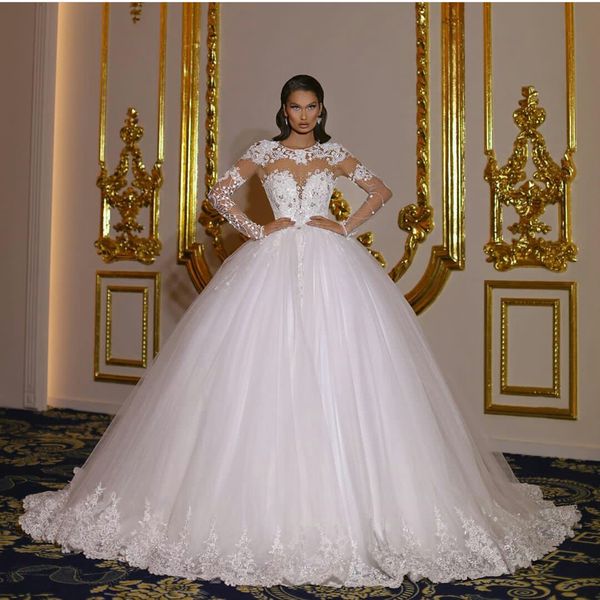 lace ball gown wedding dresses sheer o neck lace appliques long sleeve bridal gowns plus size puffy tiered tulle robes, White
lace ball gown wedding dresses sheer o neck lace appliques long sleeve bridal gowns plus size puffy tiered tulle robes, White