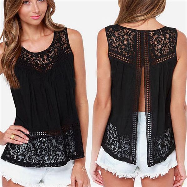 aq117 open back sleeveless summer blouses shirts women see through lace chiffon blusas femininas, White
aq117 open back sleeveless summer blouses shirts women see through lace chiffon blusas femininas, White