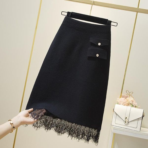 2021 new medium spring long knitting female lace two black skirt y285 1nxq