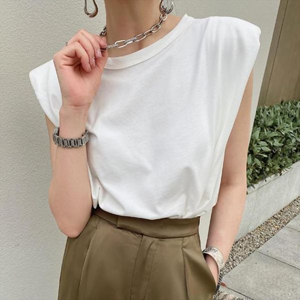 2020 new solid color sleeveless shoulder pad t shirt round neck loose women tank fashion summer t shirts, White
2020 new solid color sleeveless shoulder pad t shirt round neck loose women tank fashion summer t shirts, White