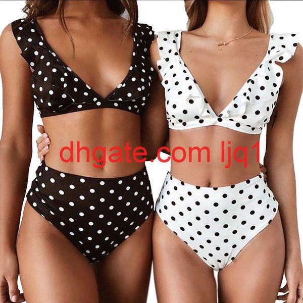 2019 ruffle deep v bikini swimsuit black and white polka dot print swimsuit, White;black
2019 ruffle deep v bikini swimsuit black and white polka dot print swimsuit, White;black