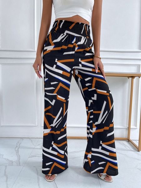 allover print shirred wide leg pants g4t8#, Black;white