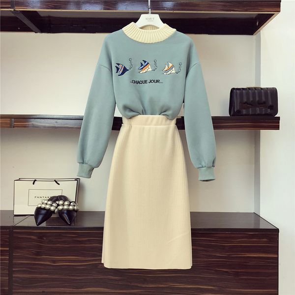 autumn new sweatshirt skirt student suits fashion women's cartoon fish embroidery letter pullovers +solid knitted skirt set 201130, White
autumn new sweatshirt skirt student suits fashion women's cartoon fish embroidery letter pullovers +solid knitted skirt set 201130, White