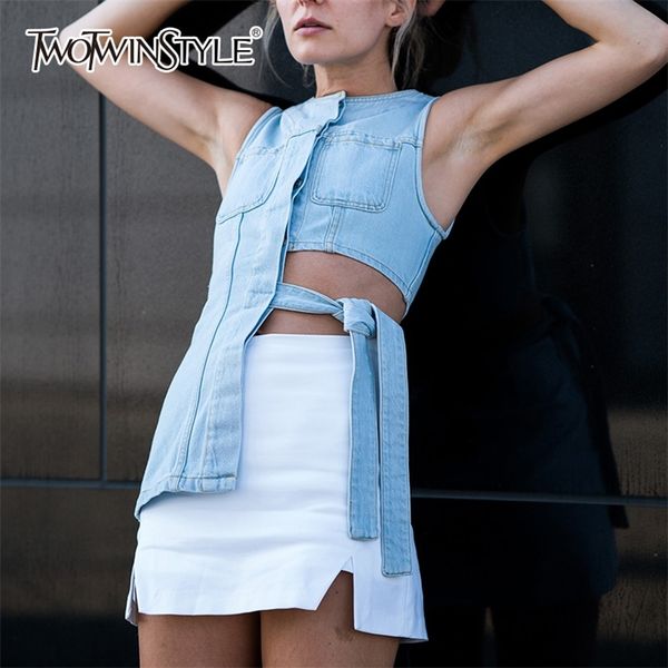 twotwinstyle sleeveless denim vest off shoulder lace up hollow out big size irregular jeans vests female clothing tide 201214, Black;white
twotwinstyle sleeveless denim vest off shoulder lace up hollow out big size irregular jeans vests female clothing tide 201214, Black;white