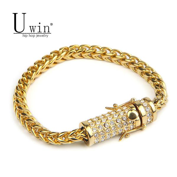 uwin box clasp franco link bracelet mens stainless steel iced out rhinestone gold color filled chain hip hop bracelet 20cm, Black
uwin box clasp franco link bracelet mens stainless steel iced out rhinestone gold color filled chain hip hop bracelet 20cm, Black