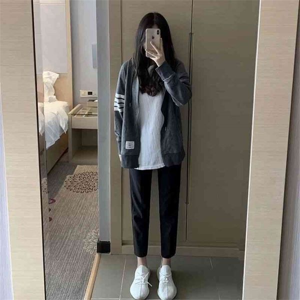 four bars women's 2022 spring and autumn new hooded cardigan zipper tb coat grey loose top, White
four bars women's 2022 spring and autumn new hooded cardigan zipper tb coat grey loose top, White