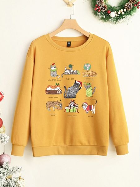 plus christmas cartoon cat & slogan graphic sweatshirt m9cv#, Black 
plus christmas cartoon cat & slogan graphic sweatshirt m9cv#, Black