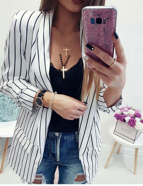 long sleeve suit jacket office ladies casual coats women designer vertical striped blazer singler breasted fashion, White;black
long sleeve suit jacket office ladies casual coats women designer vertical striped blazer singler breasted fashion, White;black