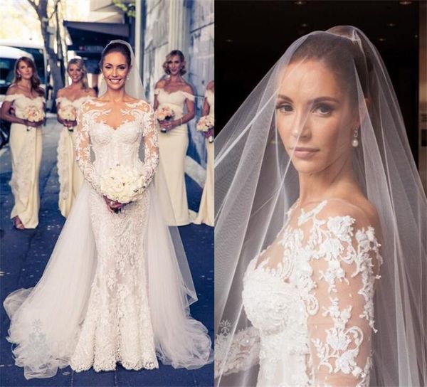sexybride lace mermaid wedding dresses with detachable train long sleeves illusion appliques open back overskirt bridal gowns vestidos, White
sexybride lace mermaid wedding dresses with detachable train long sleeves illusion appliques open back overskirt bridal gowns vestidos, White