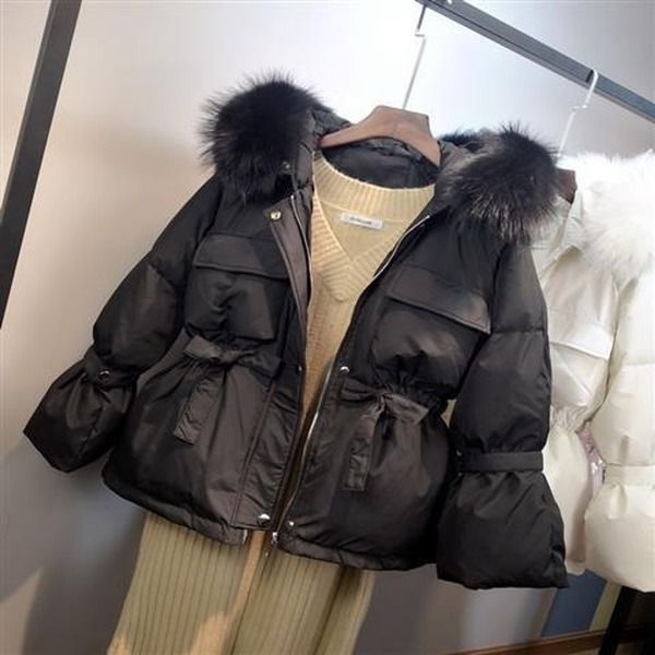 women's loose big fur collar padded waist short down jacket white duck down winter coat, Black
women's loose big fur collar padded waist short down jacket white duck down winter coat, Black