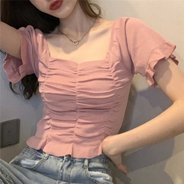 vintage women's knitted t-shirt casual square neck short sleeve pleated tee slim lady knitwear, White
vintage women's knitted t-shirt casual square neck short sleeve pleated tee slim lady knitwear, White