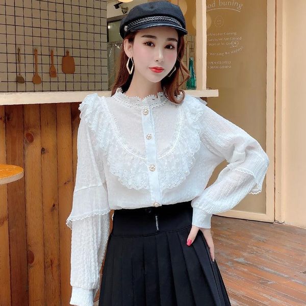 women's blouses & shirts 2021 arrival elegant women shirt lace stitching lantern sleeve doll collar korean style loose blouse blusas f, White
women's blouses & shirts 2021 arrival elegant women shirt lace stitching lantern sleeve doll collar korean style loose blouse blusas f, White
