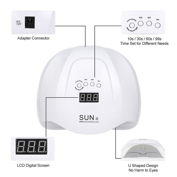 54w uv led nail lamp professional sunlight nail gail dryer machine fingernails toenails curing equipment nail art tool w11229
54w uv led nail lamp professional sunlight nail gail dryer machine fingernails toenails curing equipment nail art tool w11229