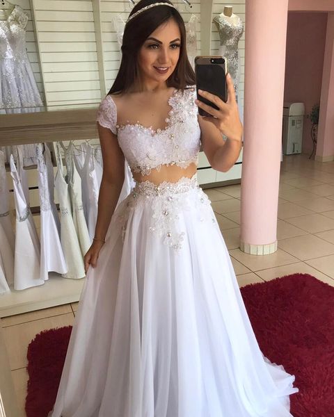 setwell jewel sheer neck a-line wedding dresses short sleeves illusion bodice lace appliques pleated chiffon floor length bridal gowns, White
setwell jewel sheer neck a-line wedding dresses short sleeves illusion bodice lace appliques pleated chiffon floor length bridal gowns, White