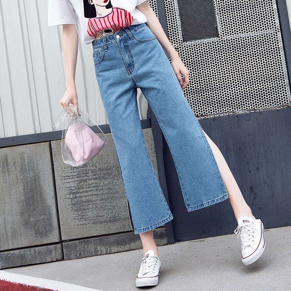 8 / 9 side wide leg jeans slit high fork women's autumn new loose straight pants, Blue
8 / 9 side wide leg jeans slit high fork women's autumn new loose straight pants, Blue