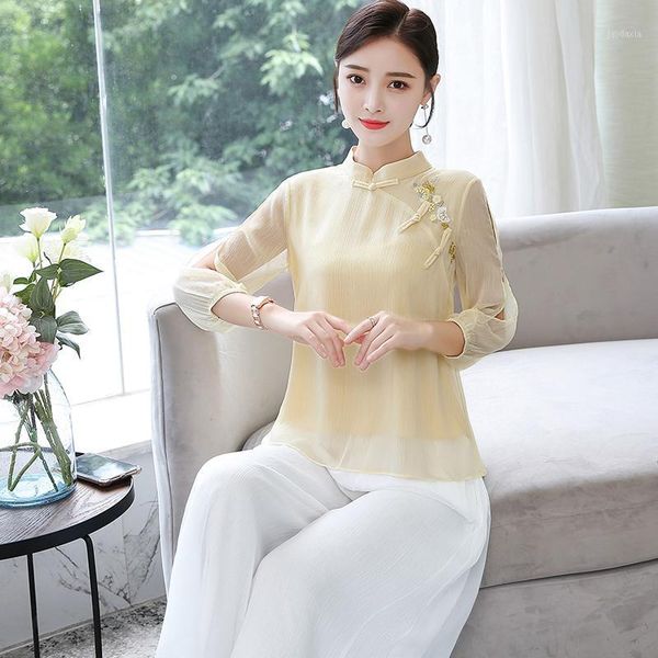 2020 summer women's chinese-style blouse fashion retro embroidered chiffon shirt yellow stand collar1, White
2020 summer women's chinese-style blouse fashion retro embroidered chiffon shirt yellow stand collar1, White