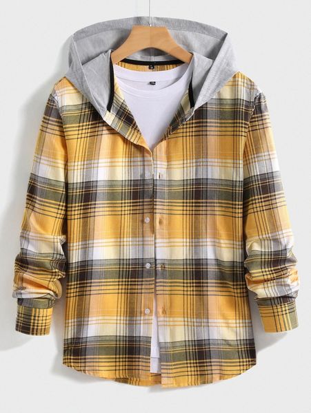 men plaid button front contrast hooded shirt o2ag#, White;black
men plaid button front contrast hooded shirt o2ag#, White;black