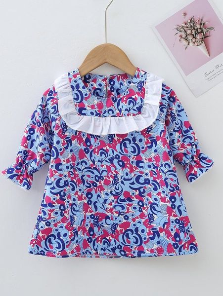 baby allover print ruffle trim flounce sleeve dress she, Red;yellow