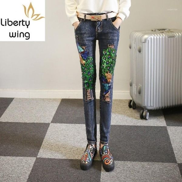 female fashion slim fit denim sequins peacock embellished ripped distrressed womens ankle length pants pockets size 25- 311, Blue
female fashion slim fit denim sequins peacock embellished ripped distrressed womens ankle length pants pockets size 25- 311, Blue