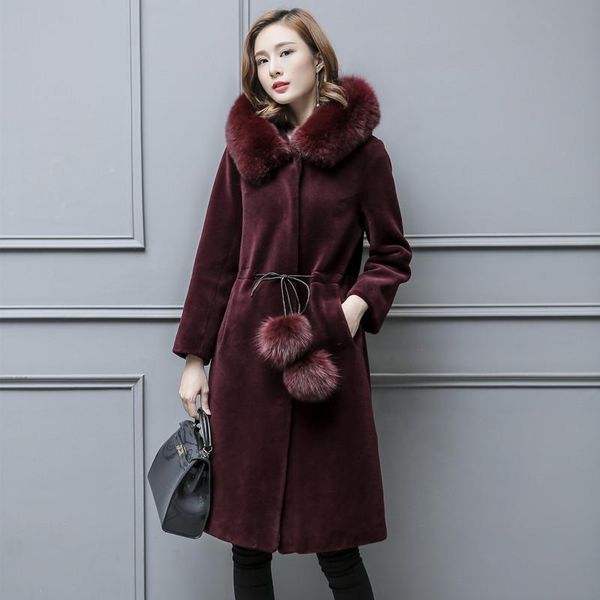 women's fur & faux real wool sheep shearing coat female collar large thickened hooded medium length, Black
women's fur & faux real wool sheep shearing coat female collar large thickened hooded medium length, Black