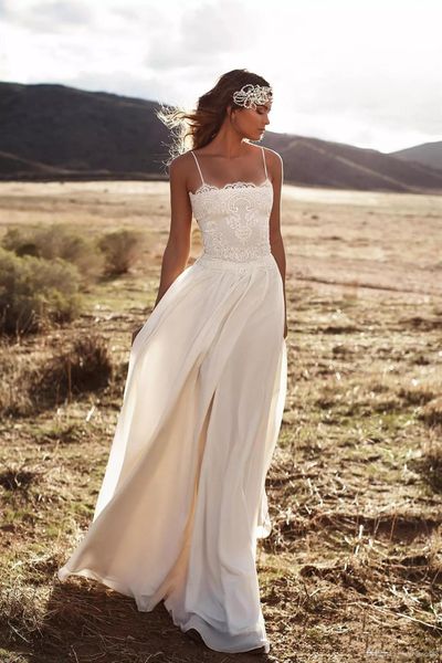 wedding gowns plus size elegant bohemian lace beach wedding dresses spaghetti a line chiffon floor length bridal dresses simple, White 
wedding gowns plus size elegant bohemian lace beach wedding dresses spaghetti a line chiffon floor length bridal dresses simple, White