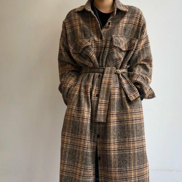 women autumn winter long woolen long plaid shirt coat sleeve plus size bandage elegant overcoat outer wear vintage jacket, Black 
women autumn winter long woolen long plaid shirt coat sleeve plus size bandage elegant overcoat outer wear vintage jacket, Black