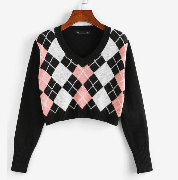 women fashion new sweater women cute argyle v neck crop sweaters popular panelled pullover streetwear blue pink khaki colors size s l xl, White;black
women fashion new sweater women cute argyle v neck crop sweaters popular panelled pullover streetwear blue pink khaki colors size s l xl, White;black