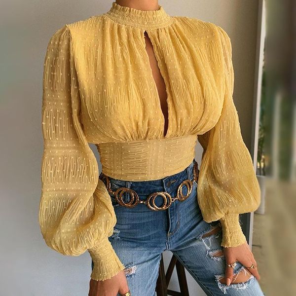 women's blouses & shirts women fashion casual long sleeve blouse puff mesh feamle cut-out back, White
women's blouses & shirts women fashion casual long sleeve blouse puff mesh feamle cut-out back, White