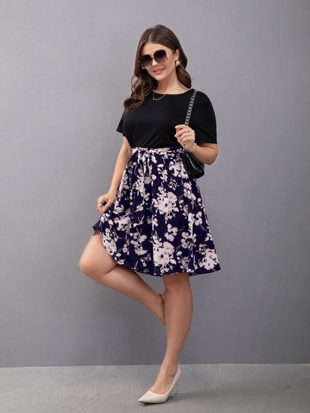 plus floral print belted dress n5n4#, Black
