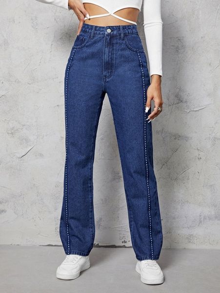 high waist contrast tape straight leg jeans 08af#, Blue
high waist contrast tape straight leg jeans 08af#, Blue