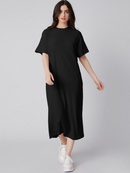 drop shoulder solid dress y4dr#, Black;gray