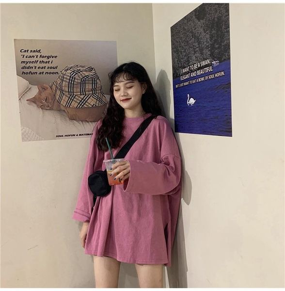 women's t-shirt lazy style korean loose split solid long-sleeved women autumn, White
women's t-shirt lazy style korean loose split solid long-sleeved women autumn, White