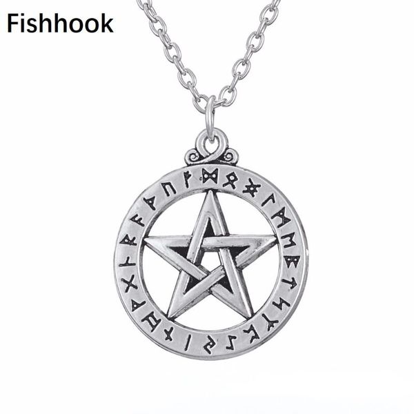

pendant necklaces fishhook small rune alphabet pentacle pentagram norse viking asatru jewelry charm necklace, Silver