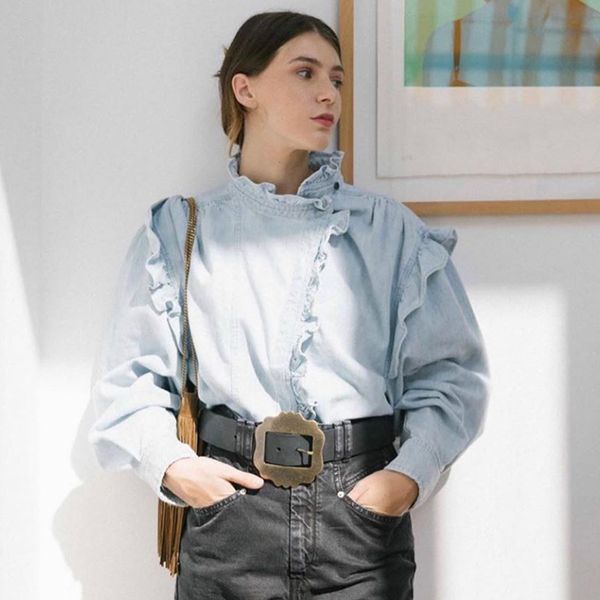 new ruffles vintage blue blouse women spring long sleeve ruffled neck button cotton shirts femme casual retro cozy shirt 2021 7f7k, White 
new ruffles vintage blue blouse women spring long sleeve ruffled neck button cotton shirts femme casual retro cozy shirt 2021 7f7k, White