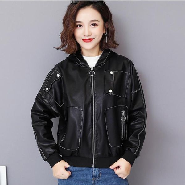 women's leather & faux est korean style women short hooded jackets autumn fashion casual long sleeve female coats gx1283, Black
women's leather & faux est korean style women short hooded jackets autumn fashion casual long sleeve female coats gx1283, Black