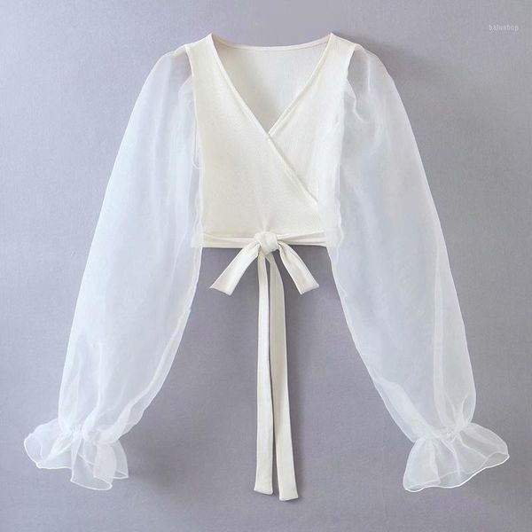 new women's organza stitching blouse double breasted v-neck short blouse transparent long lotus leaf sleeves with bow decoration1, White
new women's organza stitching blouse double breasted v-neck short blouse transparent long lotus leaf sleeves with bow decoration1, White