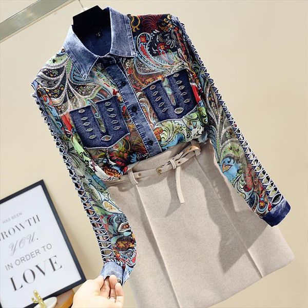 2020 spring women chiffon jean patch blouse new lapel long sleeve loose fit shirt fashion hollow out blouse and lt294s30, White
2020 spring women chiffon jean patch blouse new lapel long sleeve loose fit shirt fashion hollow out blouse and lt294s30, White