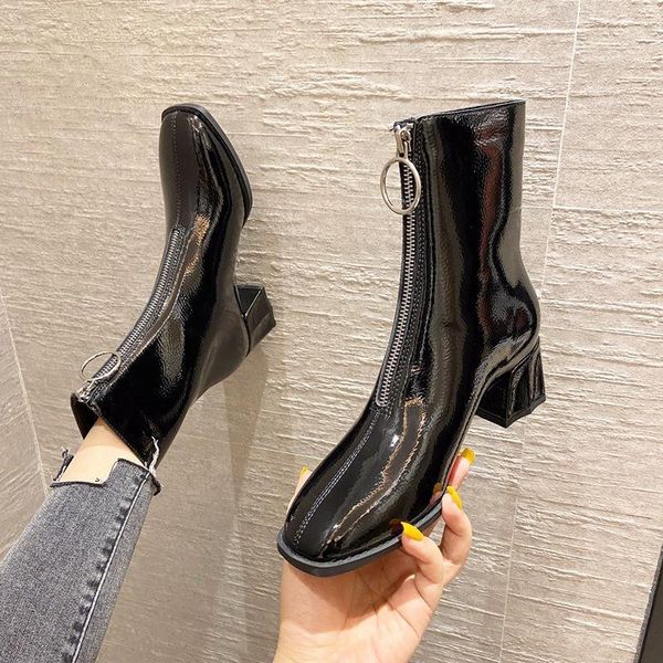 boots patent leather short women 2021 winter front zipper wild thin square toe thick heel single1, Black
boots patent leather short women 2021 winter front zipper wild thin square toe thick heel single1, Black