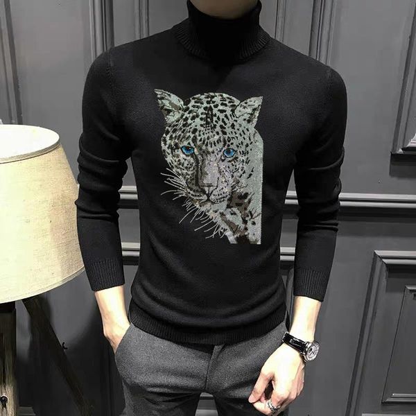 asian autumn winter brand diamond leopard loose new men's turtleneck sweater high-quality handsome pullover, White;black
asian autumn winter brand diamond leopard loose new men's turtleneck sweater high-quality handsome pullover, White;black