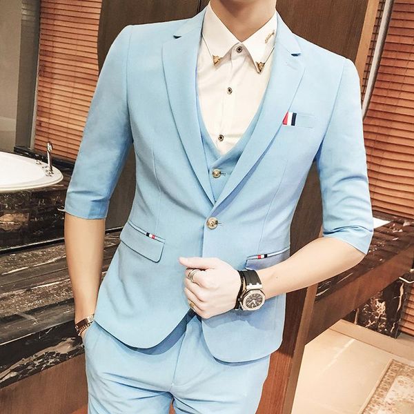 men's suits & blazers spring korean fashion summer 7-point sleeve mens casual 2-piece set suit bristish slim nightclub jacket+pants, White;black
men's suits & blazers spring korean fashion summer 7-point sleeve mens casual 2-piece set suit bristish slim nightclub jacket+pants, White;black