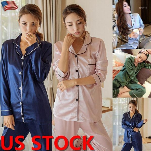 us women satin silk pajamas set soft long sleeve shirt long pants set sleepwear1, Black;red
us women satin silk pajamas set soft long sleeve shirt long pants set sleepwear1, Black;red