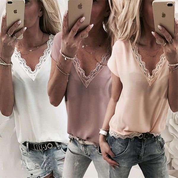 2021 women blouse summer casual loose short sleeve solid lace v neck chiffon blouses female shirts vest blusa plus size, White
2021 women blouse summer casual loose short sleeve solid lace v neck chiffon blouses female shirts vest blusa plus size, White