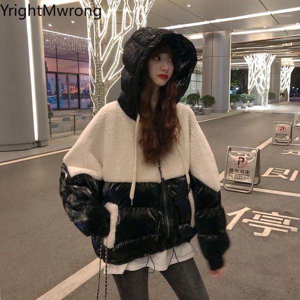 patchwork contrast fleece lalambswool warm thick long sleeve cotton padded coat women hooded zipper parkas windbreaker fall 20211, Black 
patchwork contrast fleece lalambswool warm thick long sleeve cotton padded coat women hooded zipper parkas windbreaker fall 20211, Black