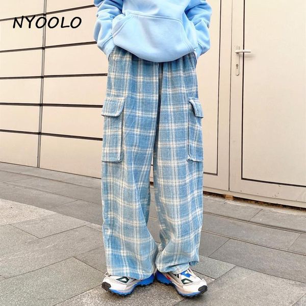 nyoolo casual streetwear plaid corduroy high waist big pockets cargo pants women autumn winter loose hip hop warm trousers1, Black;white