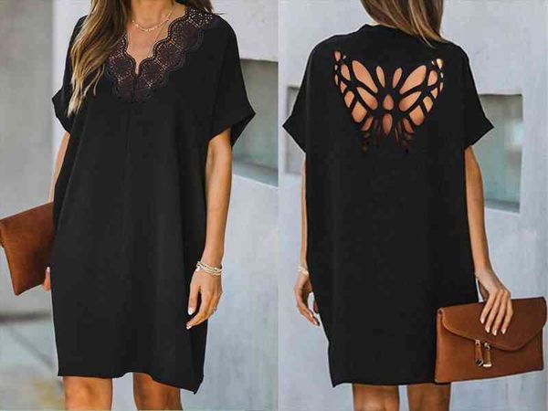 women solid color dress short sleeve v neck loose dress office lady hollow out butterfly dresses clothing black casual backless, Black;gray
women solid color dress short sleeve v neck loose dress office lady hollow out butterfly dresses clothing black casual backless, Black;gray